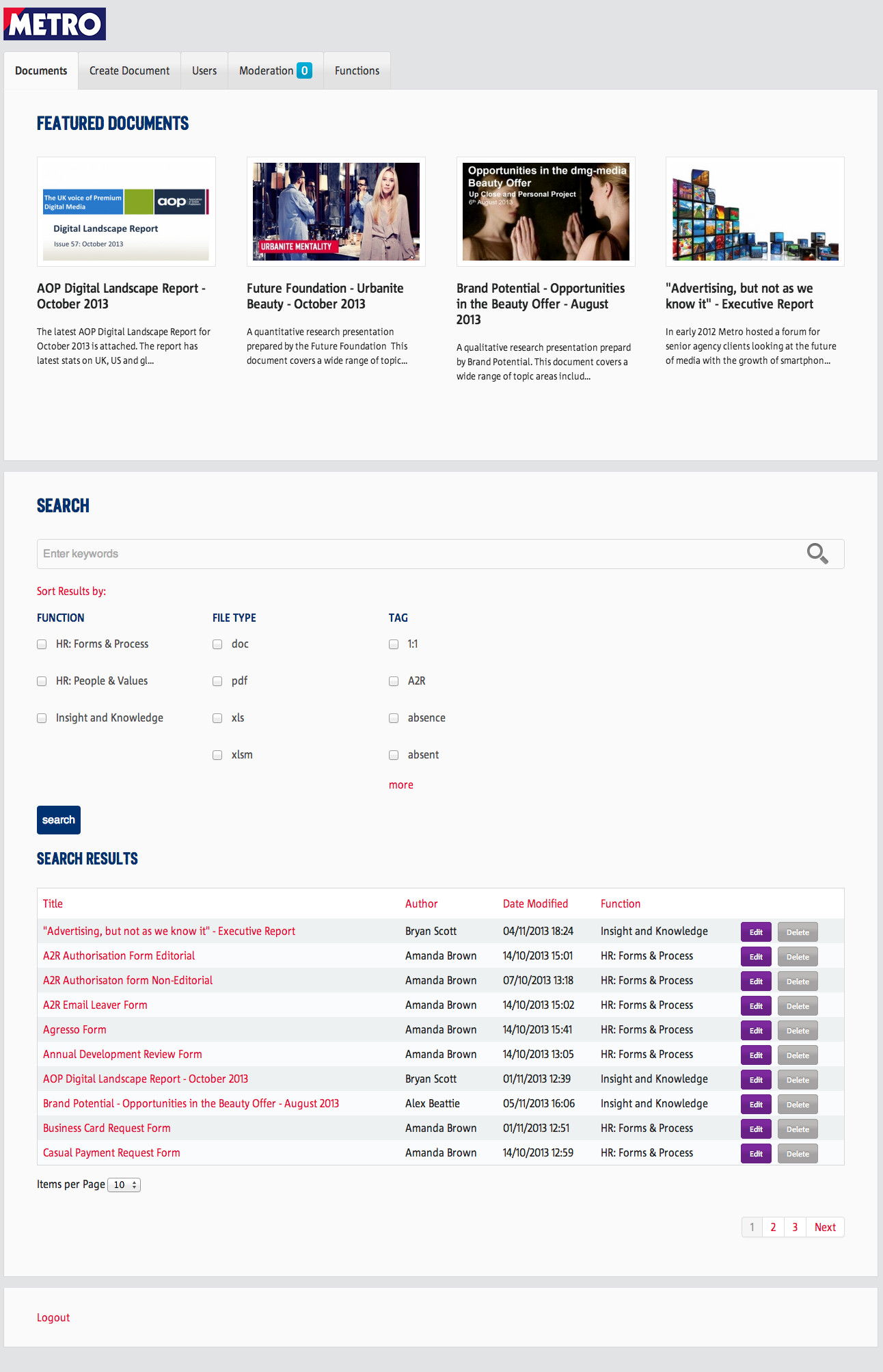 Metro document hub site image